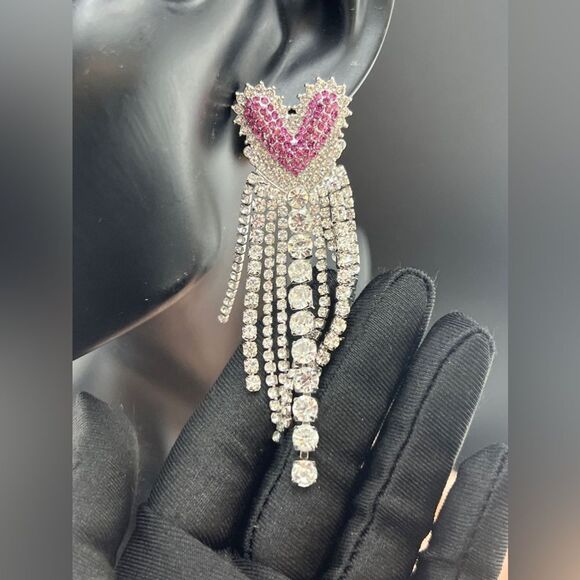 Glamorous Heart-Shaped Drop Earrings with Rhinestone Fringe - Picture 6 of 8